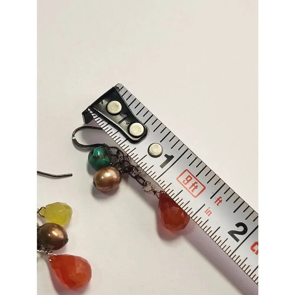 Multi-Gemstone And Pearl Cluster Drop Earrings Sterling Silver